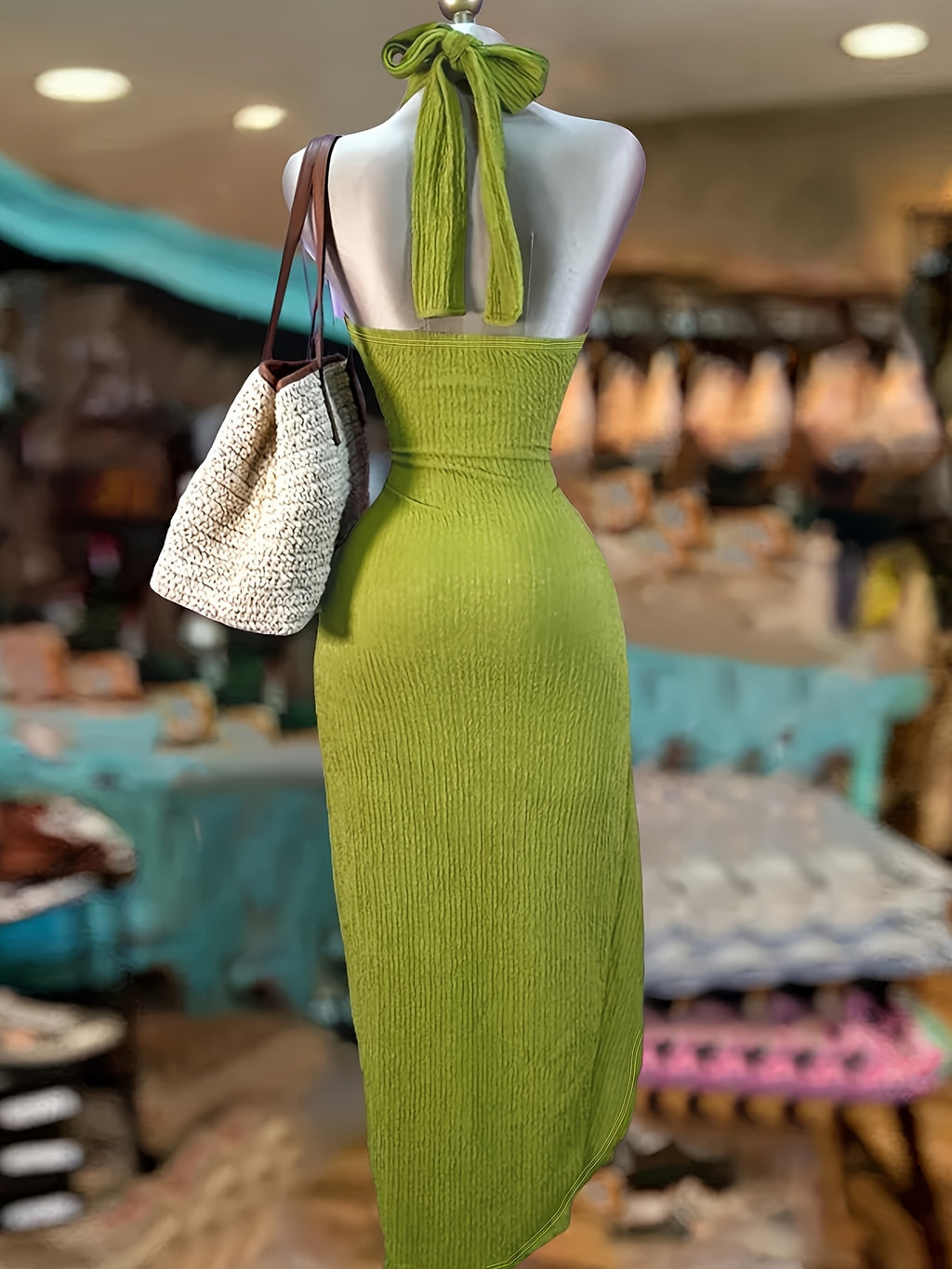 Halter Neck Open Waist Twist High Slit Long Dress Spicy Style Slim Fit And Vacation Dress, Sexy Cross Halter Neck Hollow Long Dress High Waist Twist Slit Hip Wrap Skirt Ribbed Halter Neck Dress Open Waist High Slit Design Long Dress Whitening And Le