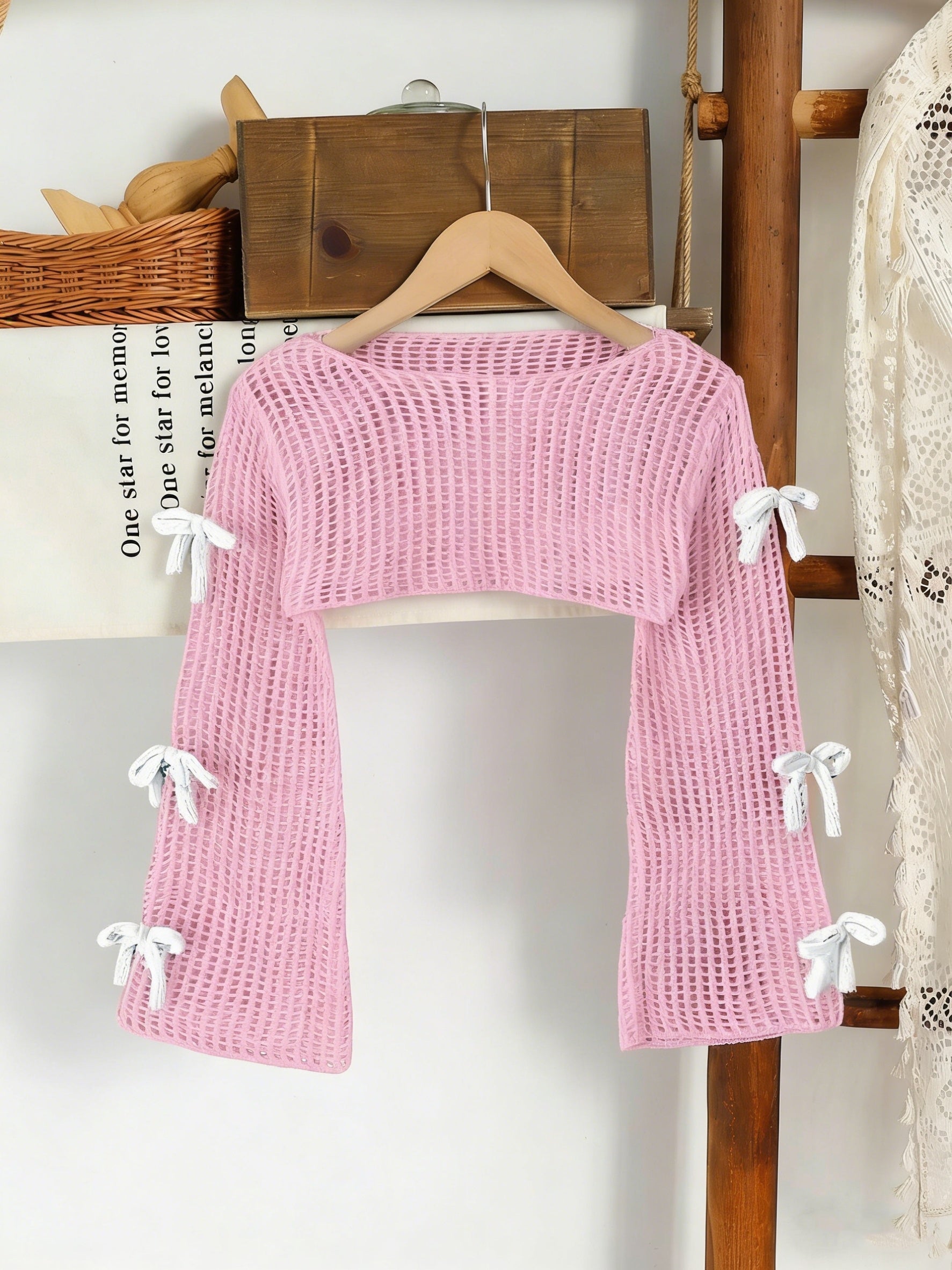 Girl's Beige Pullover Sweater, Cute Casual Fashion 3D Pink Bow Knitted Sweater for Girls, Children's Sweater, Teen Girl Clothing, Bow Sweater for Kids