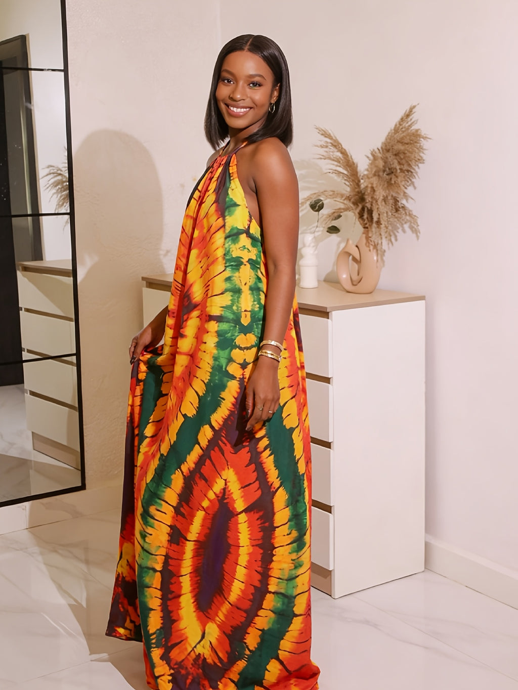 Plus Size Colourful Plant Print Loose Tank Dress