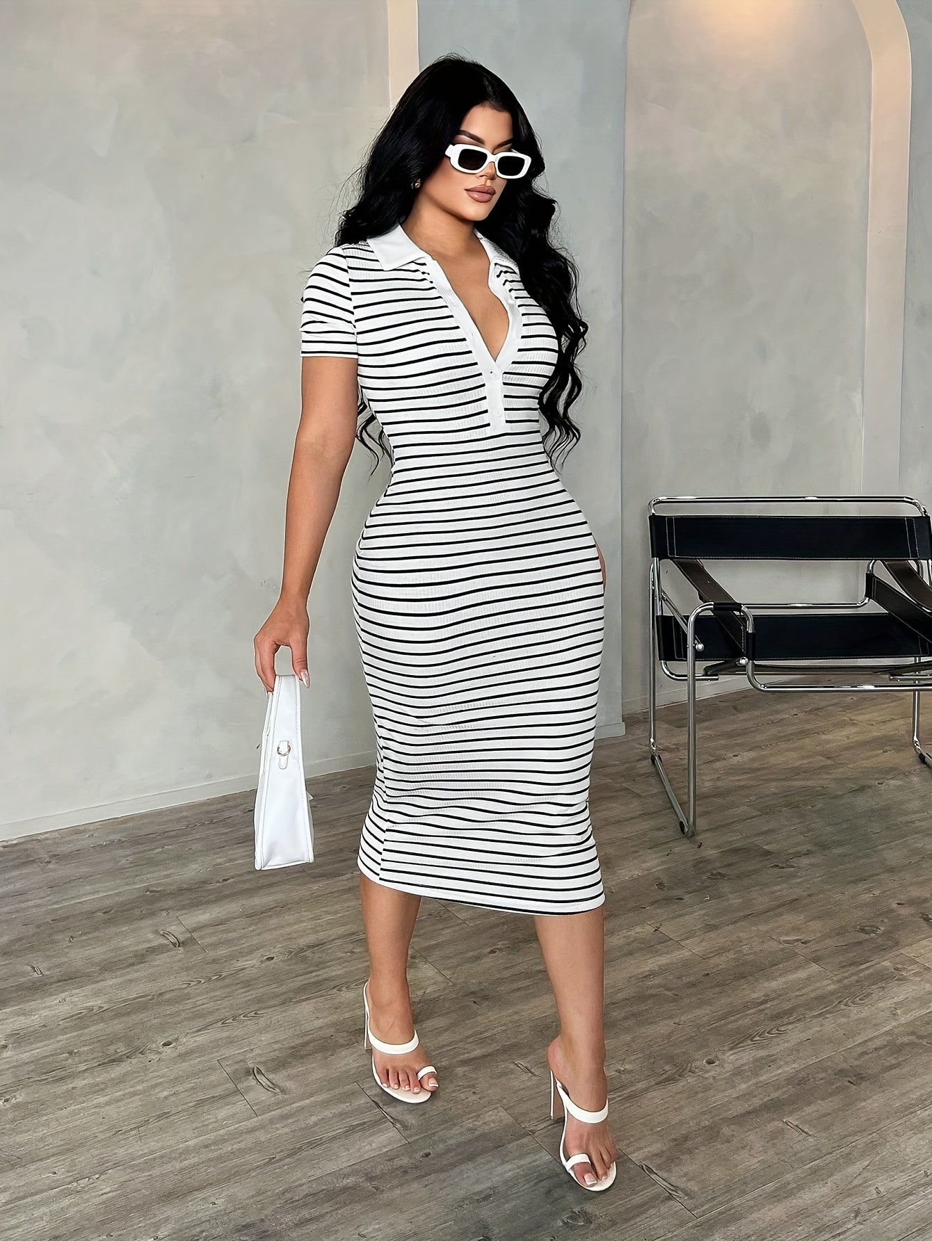 Women's Black & White Striped Polo Bodycon Dress