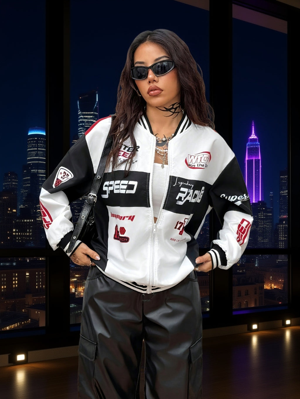 Women’s zip-up jacket with American racing design.