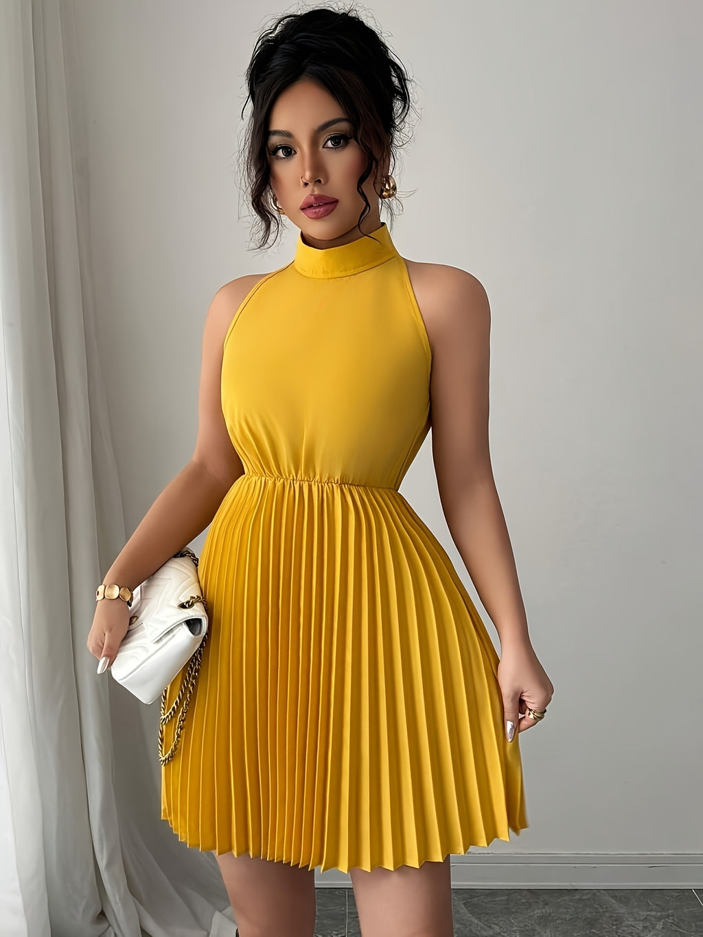 Stand-Up Collar Pleated Dress