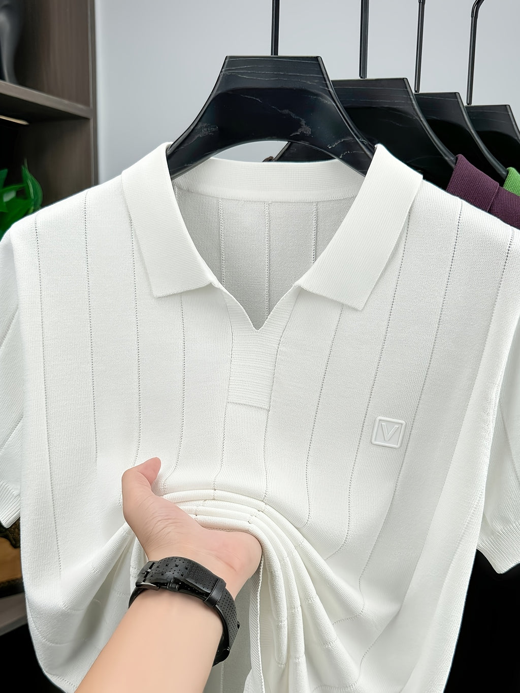 Men'S Knit Polo Shirt Short Sleeve V-Neck Vertical Stripes, Business Casual Spring Summer Commute Top, 1pc Multi-Occasion Ready