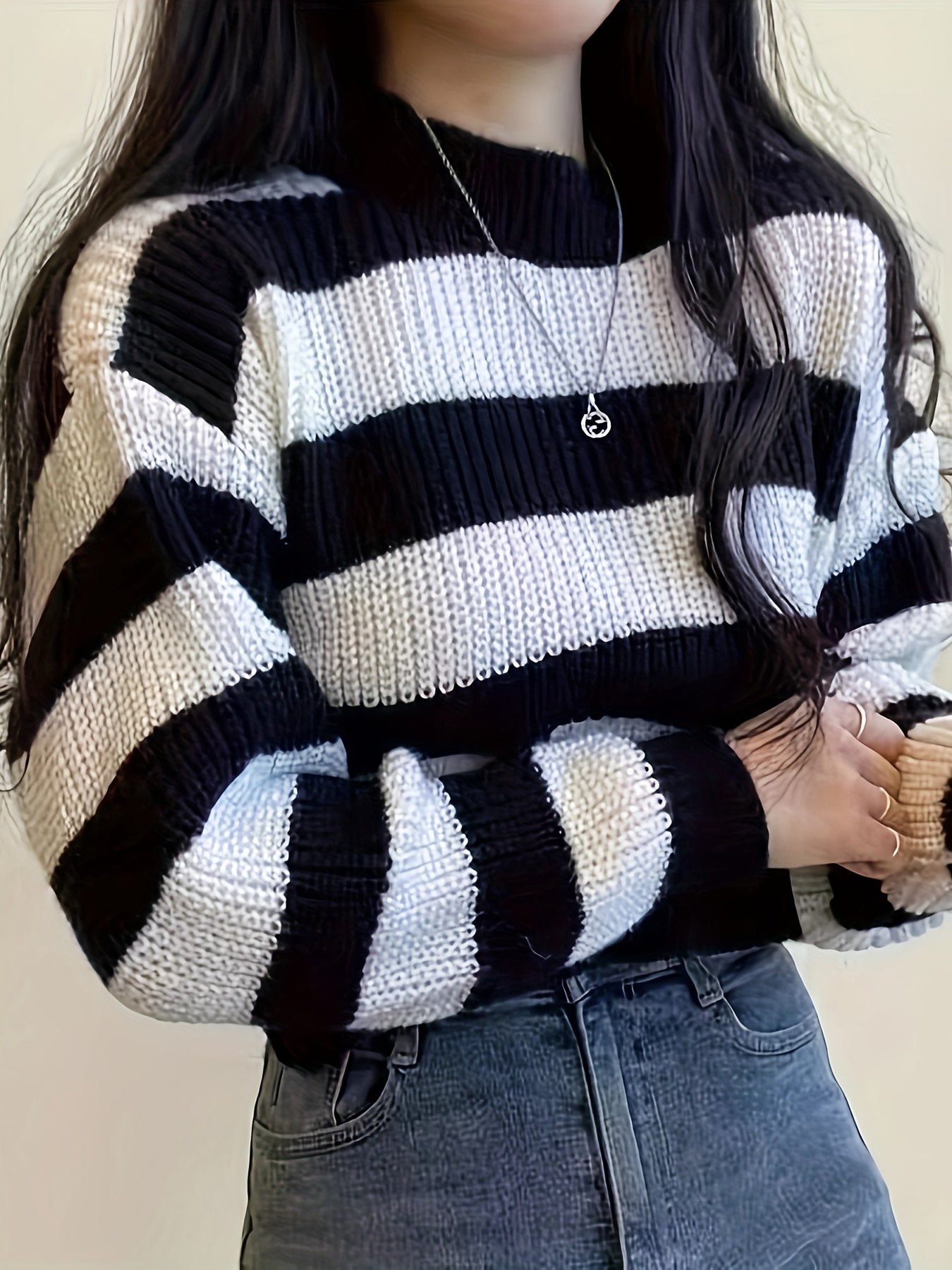 Women's Striped Loose Fit Long Sleeve Pullover Sweater