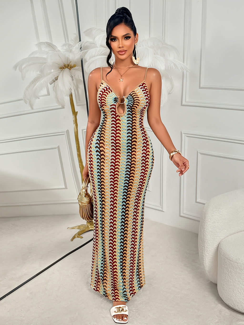 Bohemian Crochet Vacation Maxi Dress, Hollow-Out Halter Neck Backless Beach Dress, 2026 Summer New Vintage Style Slim-Fit Dress