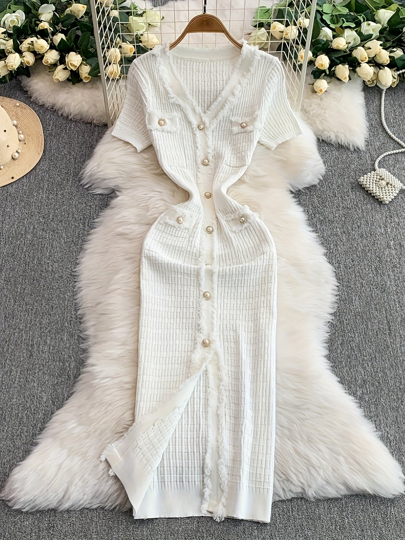 Women's Metallic Fringe Trim Slit Mermaid Dress