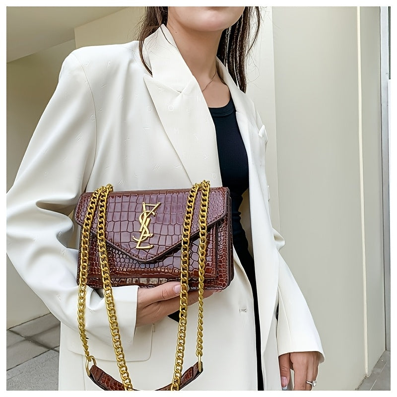 Women's Crocodile Pattern Gold Chain Crossbody Bag
