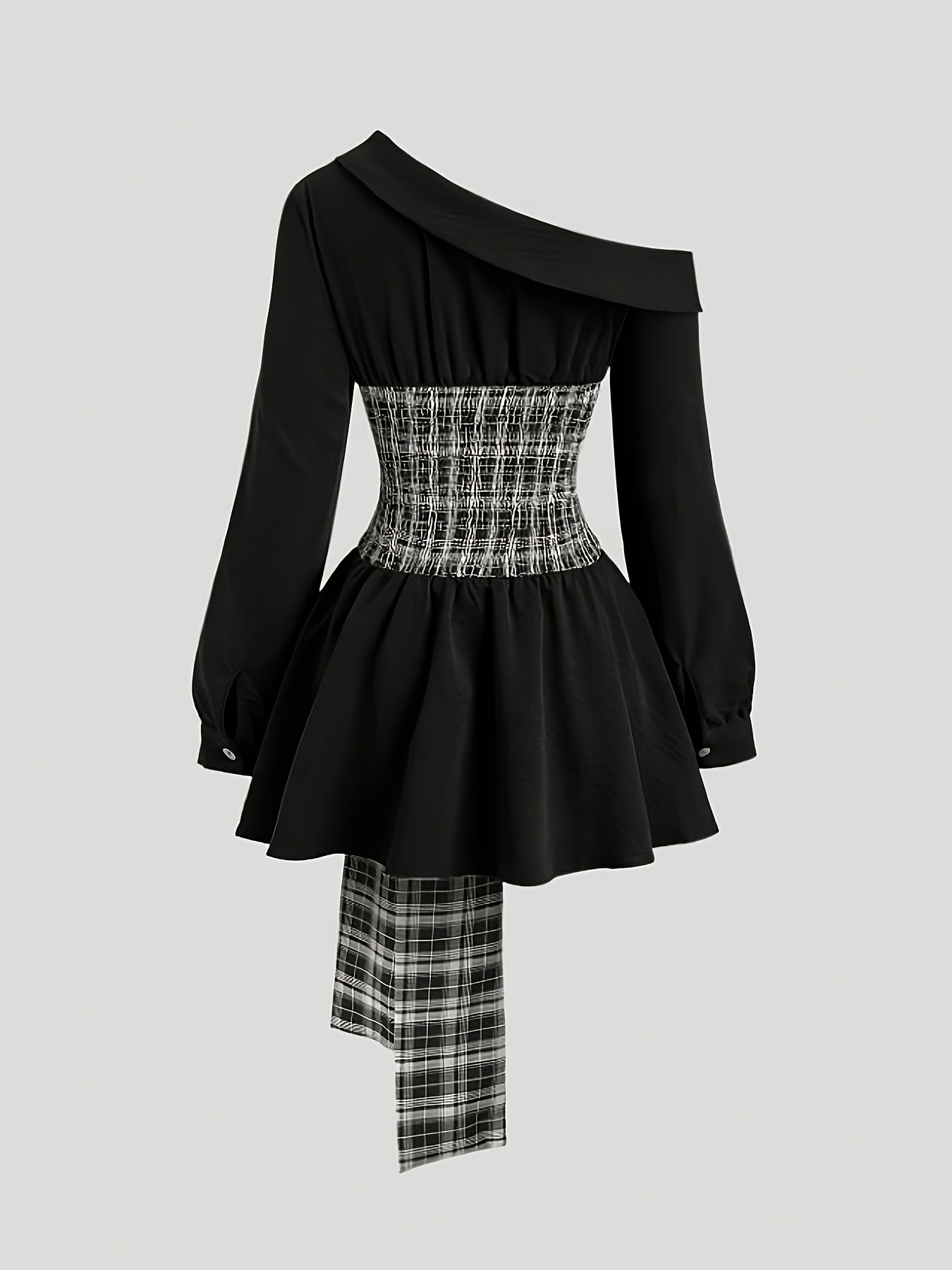 2026 Spring/Summer women’s dress: elegant, vintage, off-shoulder, color-blocked, button-decorated, belted, checkered.