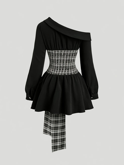 2026 Spring/Summer women’s dress: elegant, vintage, off-shoulder, color-blocked, button-decorated, belted, checkered.