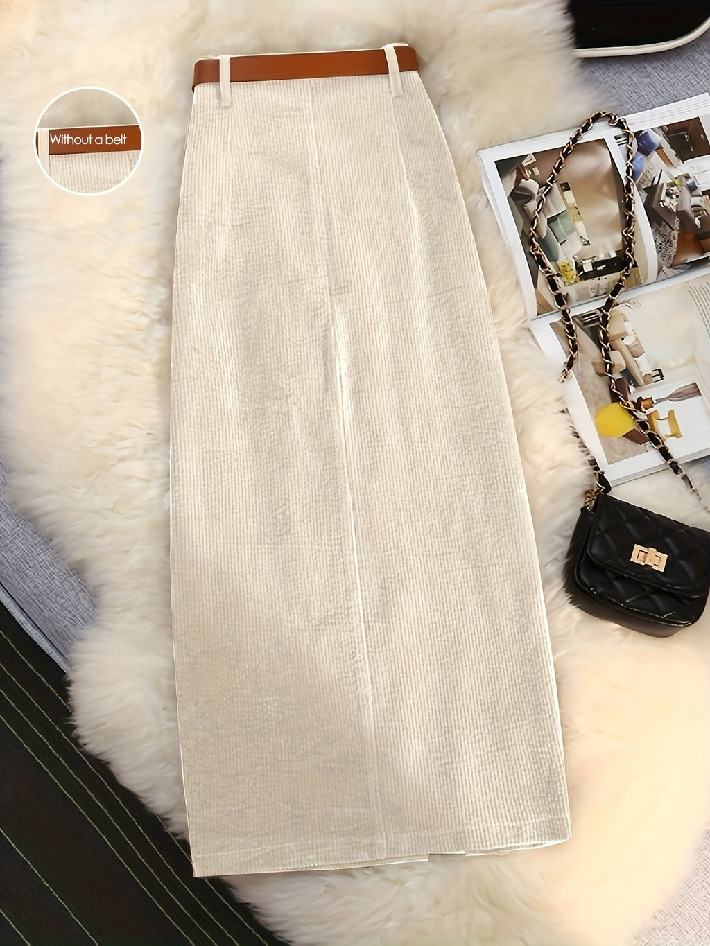 New Fashionable And Elegant Retro-Style Midi Skirt with Slit, High Waist, Design, Knee-Length, A-Line, Bodycon Style. Belt Not Included