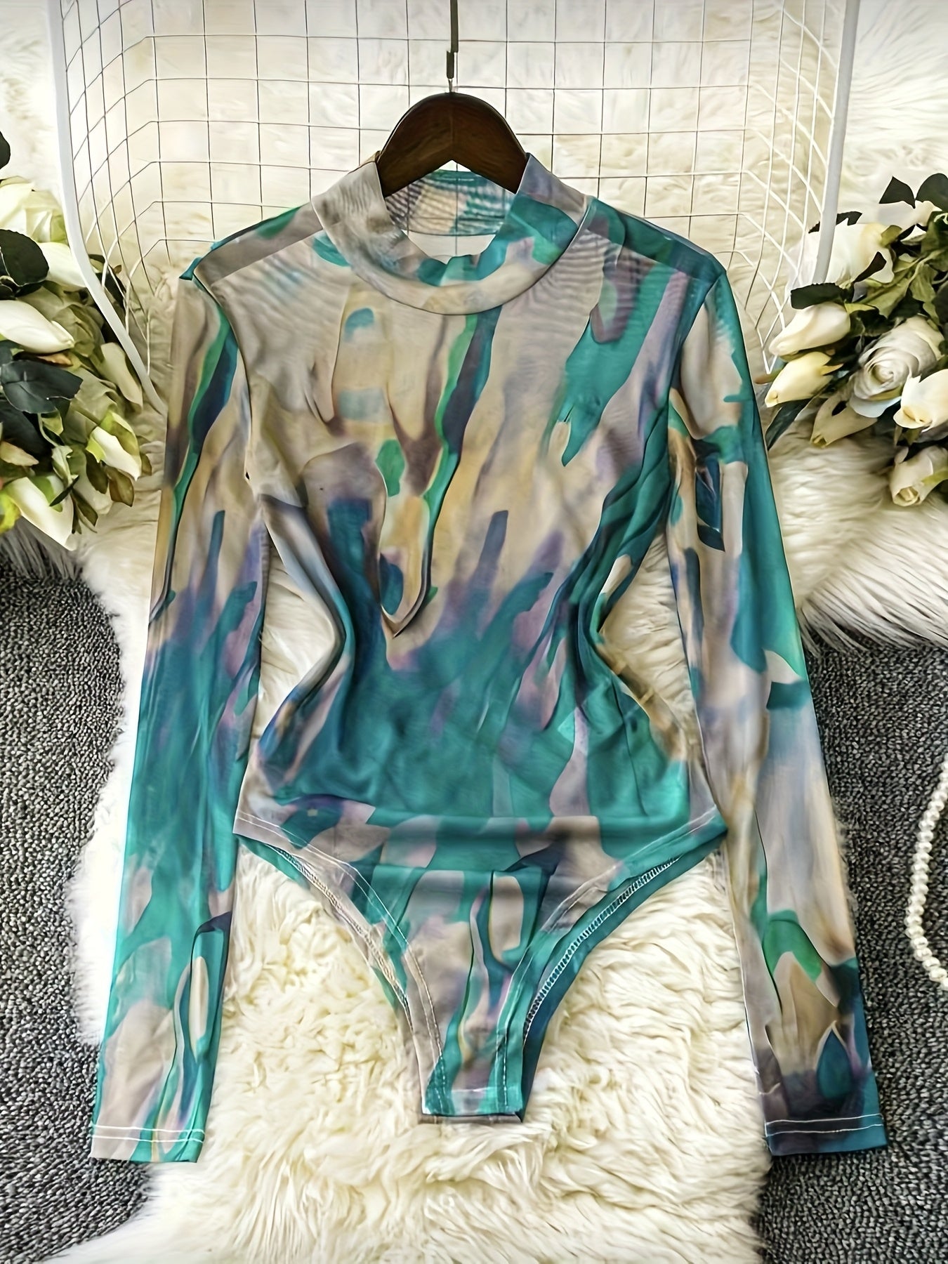 Women's Y2K Tie-Dye Mesh Long Sleeve Fitted Jumpsuit