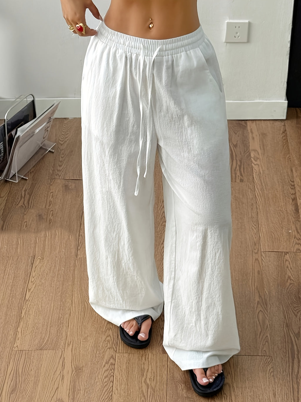 A Solid-color Wide-leg Pants, Casual Elastic Waist Loose Straight-leg Trousers