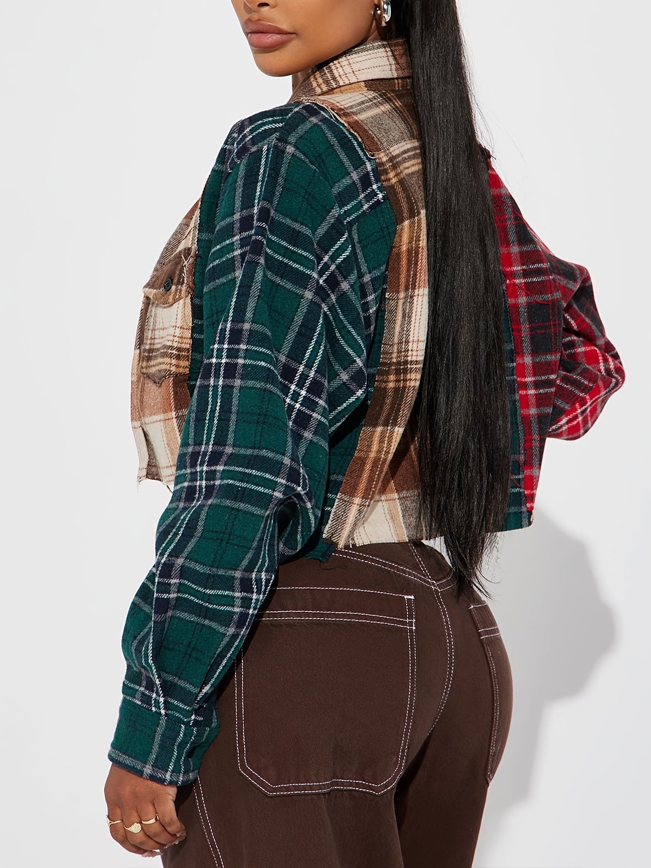 Women's Casual Patchwork Plaid Long Sleeve Cropped Top