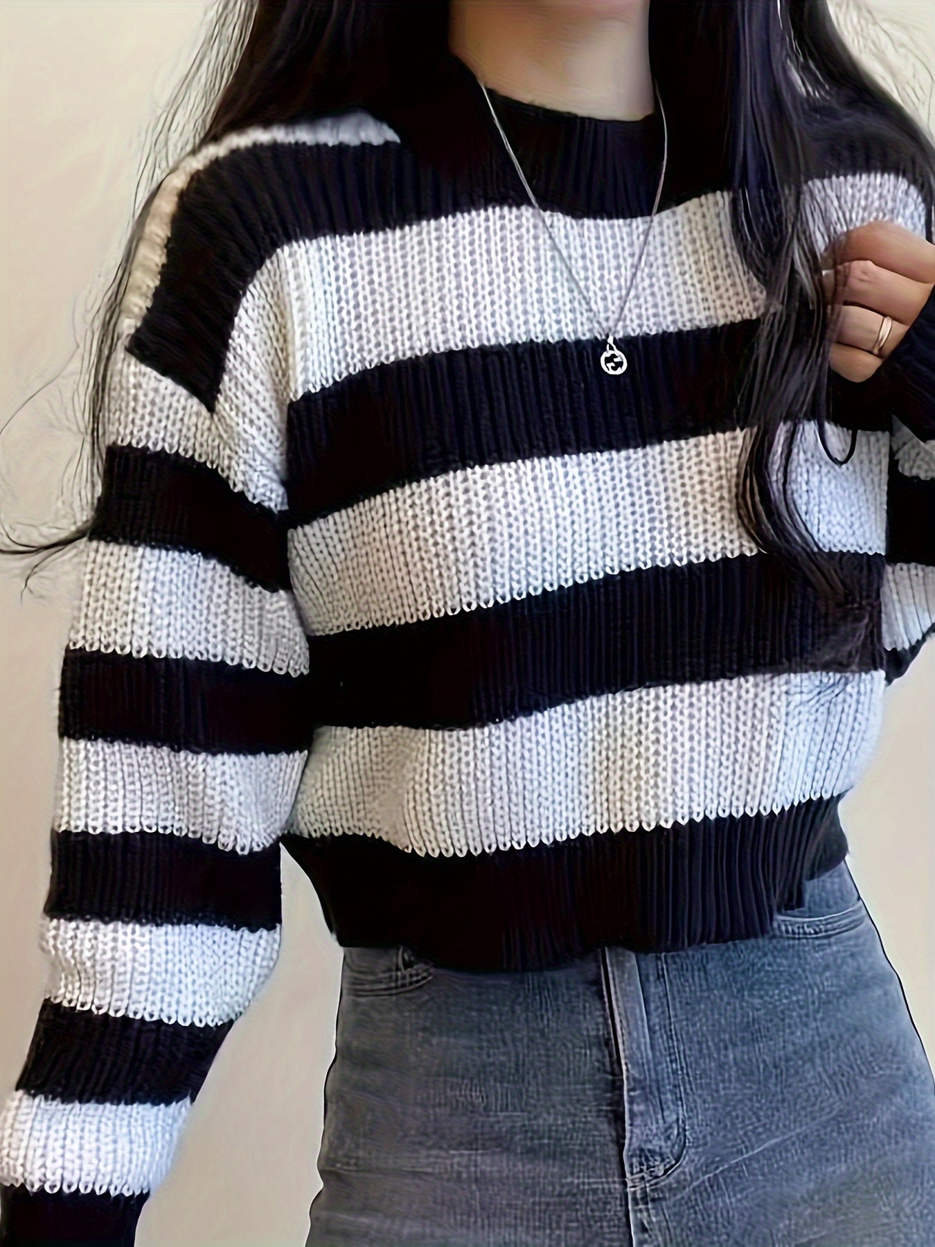 Women's Striped Loose Fit Long Sleeve Pullover Sweater
