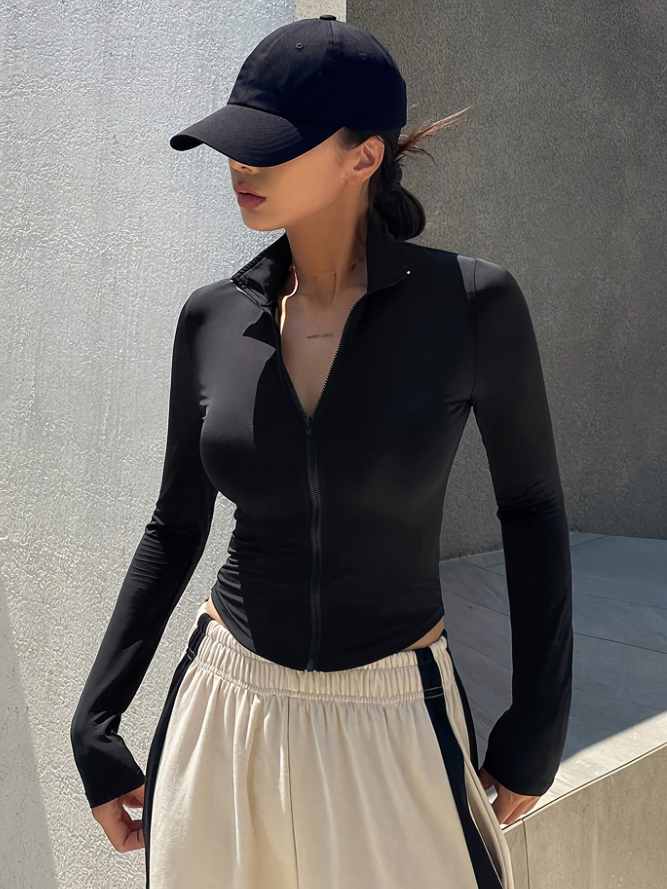 Women's Solid Colour Long Sleeve Sport Zip Jacket