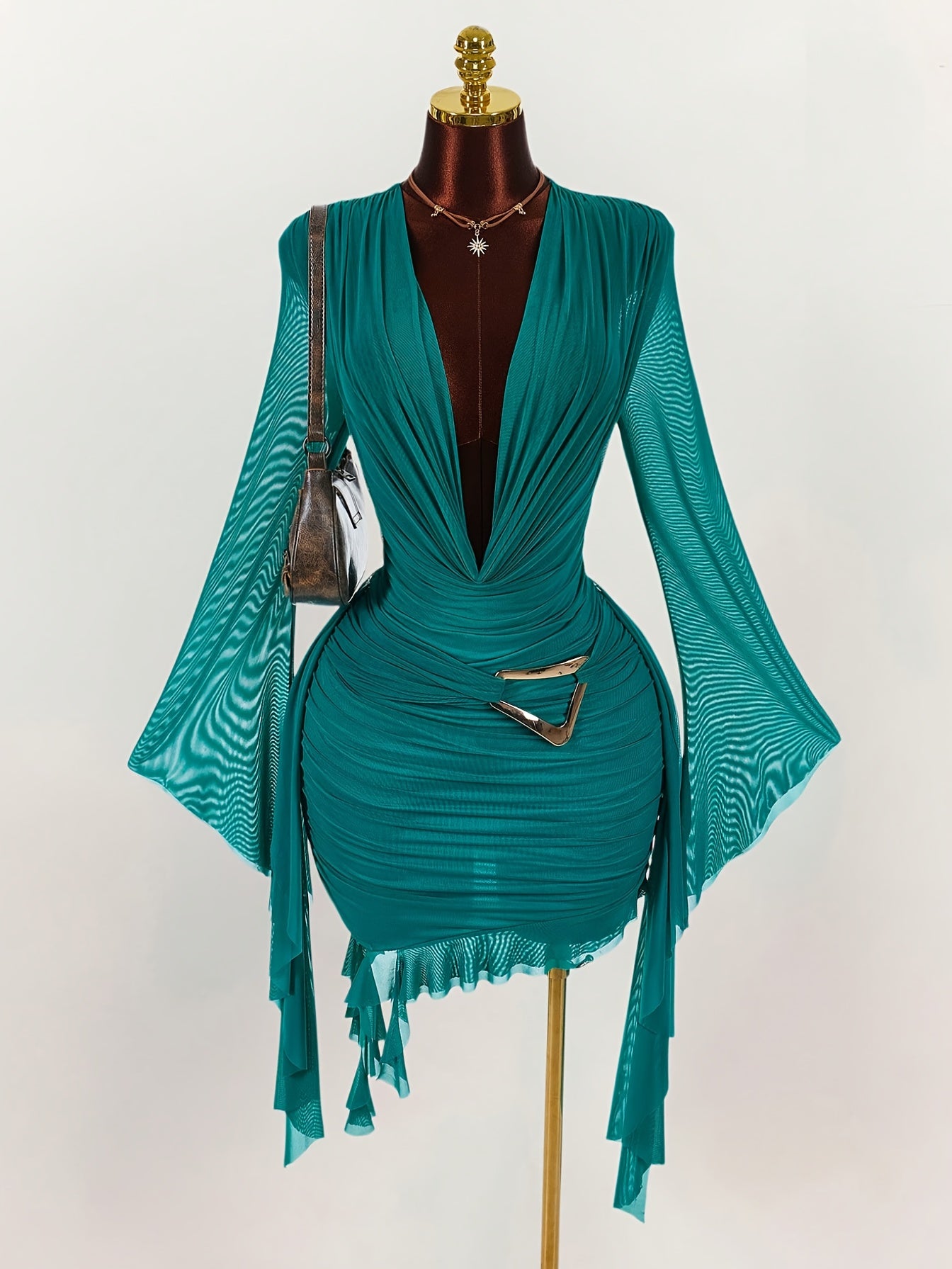 Long Sleeve Green Mini Dress And Halter Neck, Su