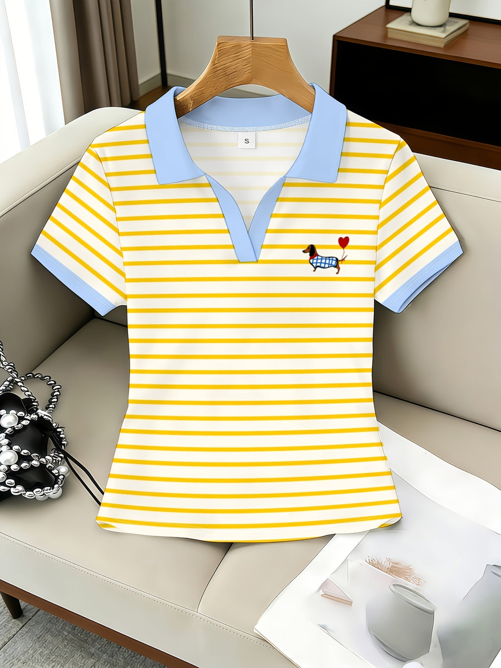 Women's Striped Sausage Dog Print Slim V-Neck Polo Top