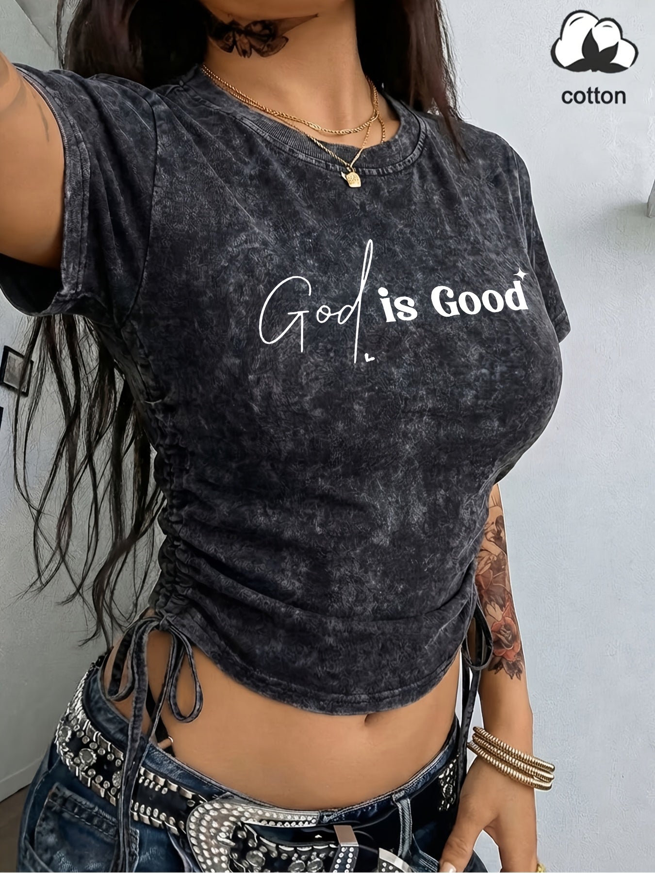Women's 'God Is Good' Washed Letter Print Casual T-Shirt