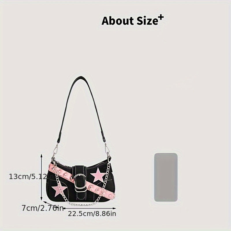 Stylish Black with Pink Star Accents, Zipper Closure & Adjustable Strap - Chic Patchwork Design Handbag for Women