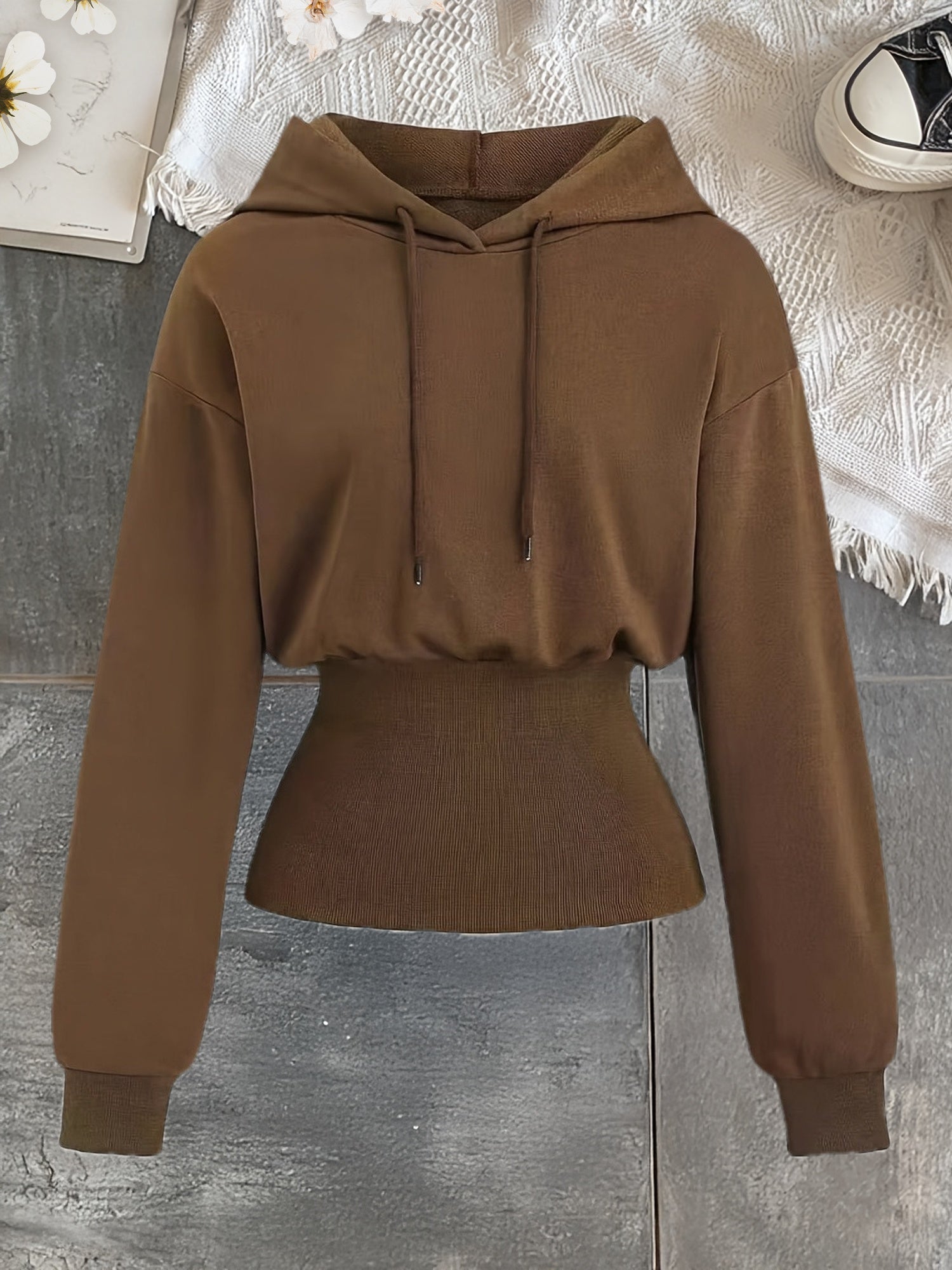 Women’s ribbed hooded sweatshirt, long sleeve, contrast short, pure color.