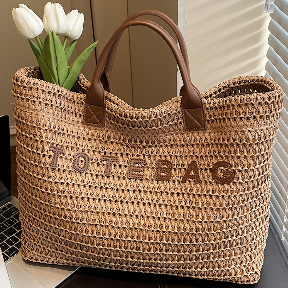 New Large Capacity Fashionable Woven Women'S Handbag, Versatile Minimalist Vacation Style Women'S Handbag, Contrast Color Design Tote Bag for Daily Commute And Work, Daily Outing Shopping Travel Storage Bag, Gift for Partner