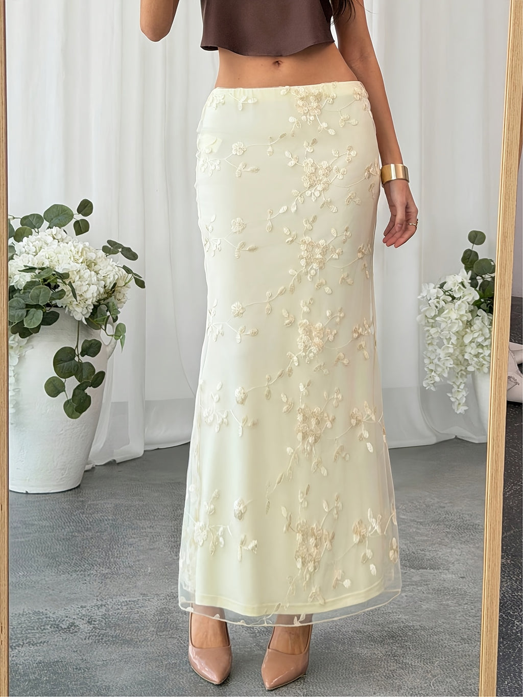 Women's Solid Embroidered Mesh Casual Maxi Dress