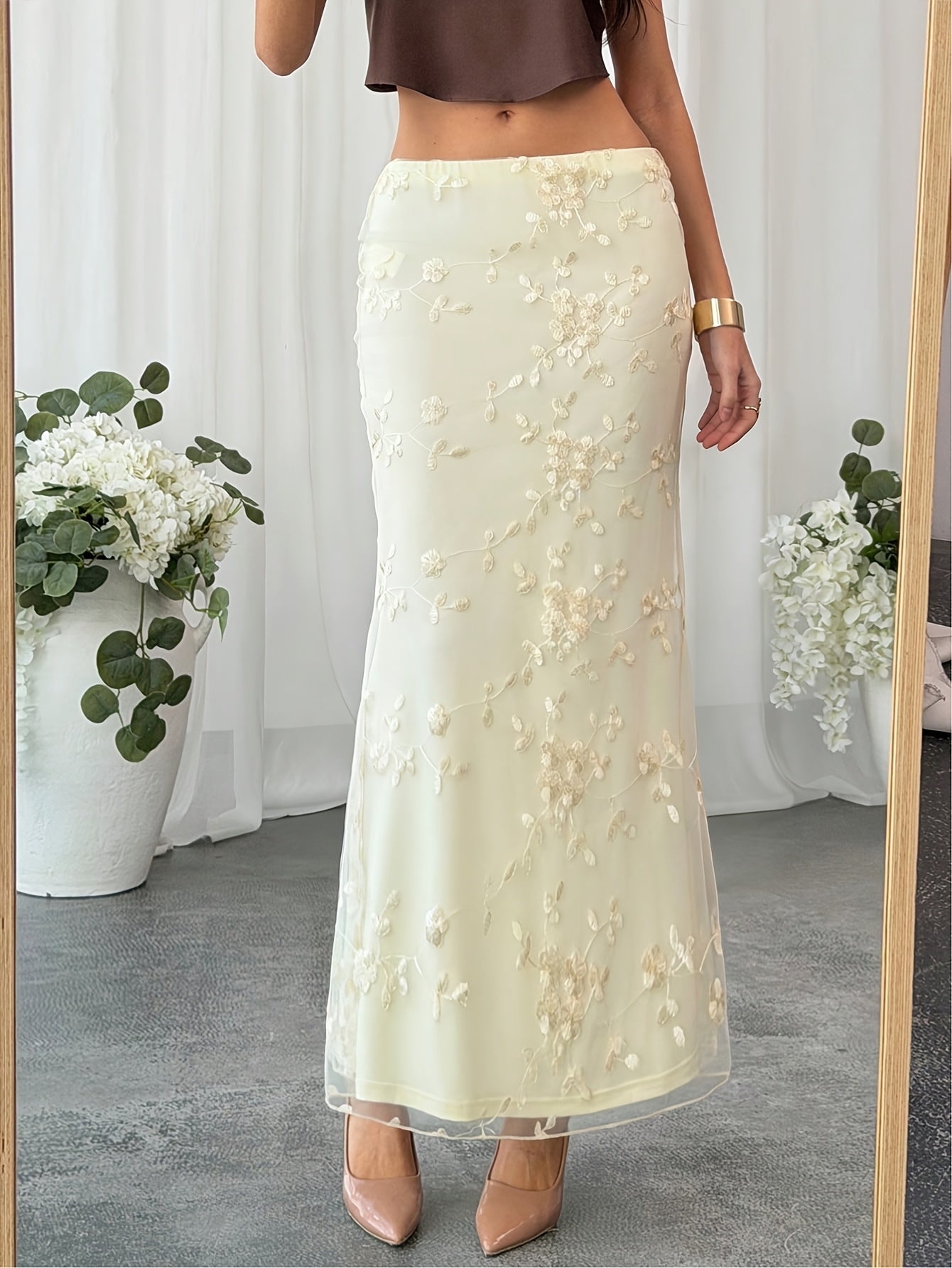 Women's Solid Embroidered Mesh Casual Maxi Dress