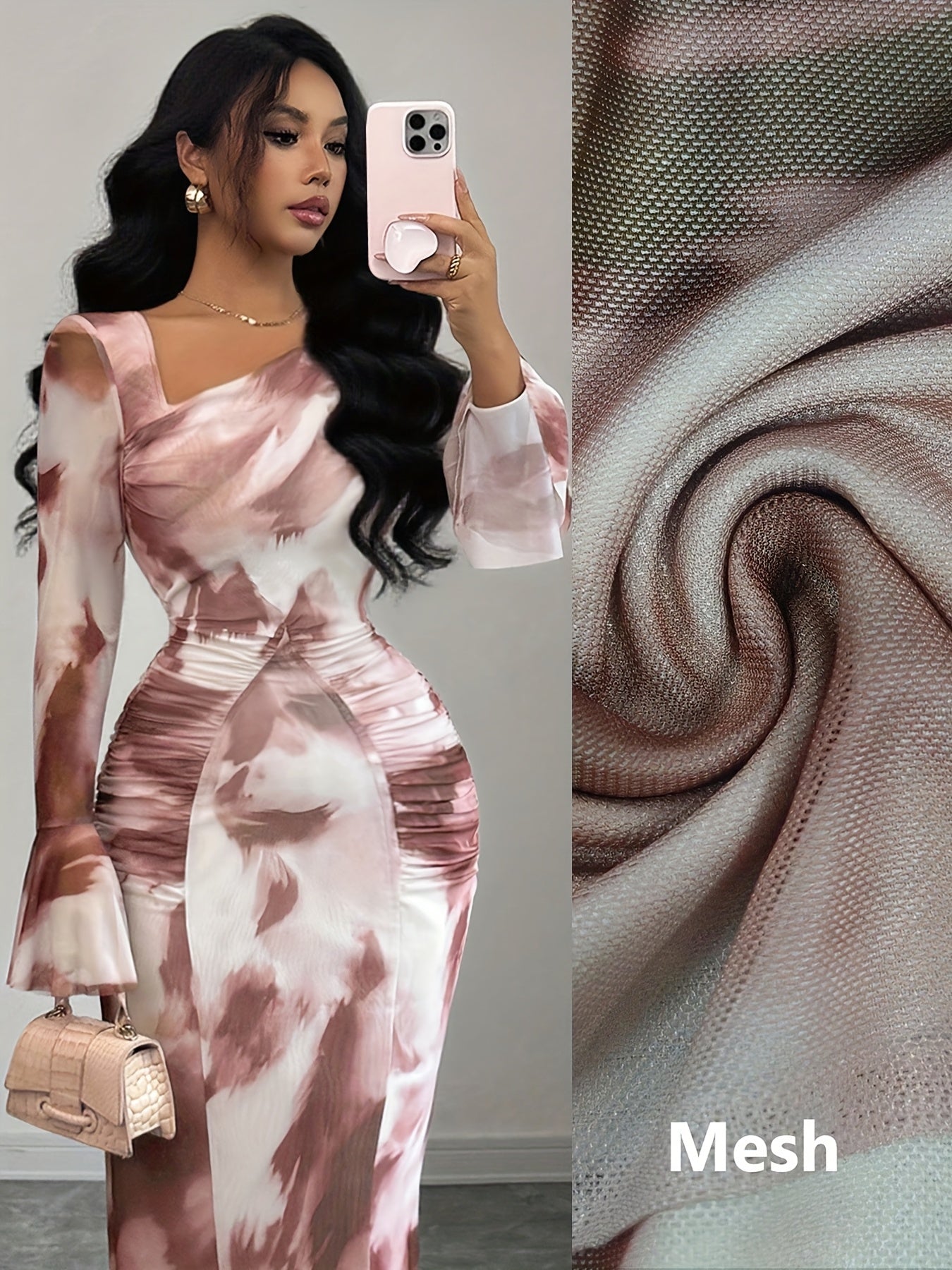 Elegant And Fashionable New Adult Women'S Autumn And Winter Floral Tie-Dye Print Notched Collar Long-Sleeved Flared Sleeve Slim Fit Waist Pleated Hip-Hugging Sexy Dating Commuting Vacation Dating Valentine'S Day Long Dress