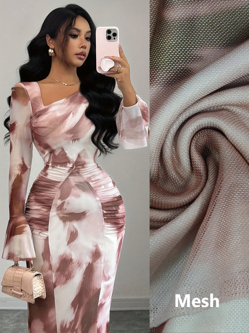 Elegant And Fashionable New Adult Women'S Autumn And Winter Floral Tie-Dye Print Notched Collar Long-Sleeved Flared Sleeve Slim Fit Waist Pleated Hip-Hugging Sexy Dating Commuting Vacation Dating Valentine'S Day Long Dress