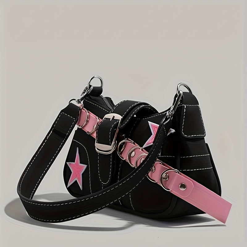 Stylish Black with Pink Star Accents, Zipper Closure & Adjustable Strap - Chic Patchwork Design Handbag for Women