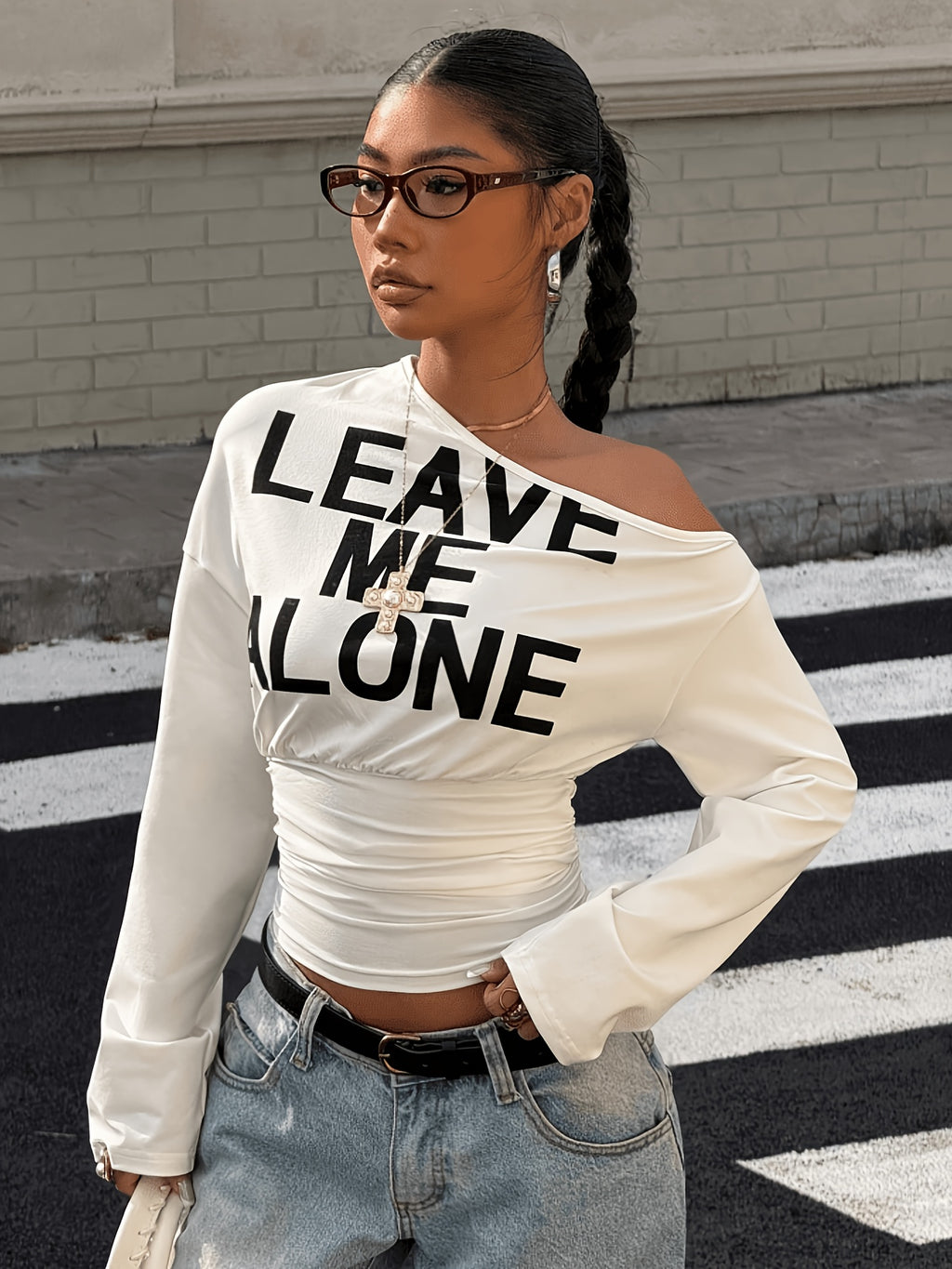 Women's Off-Shoulder Letter Print Simple Casual Top