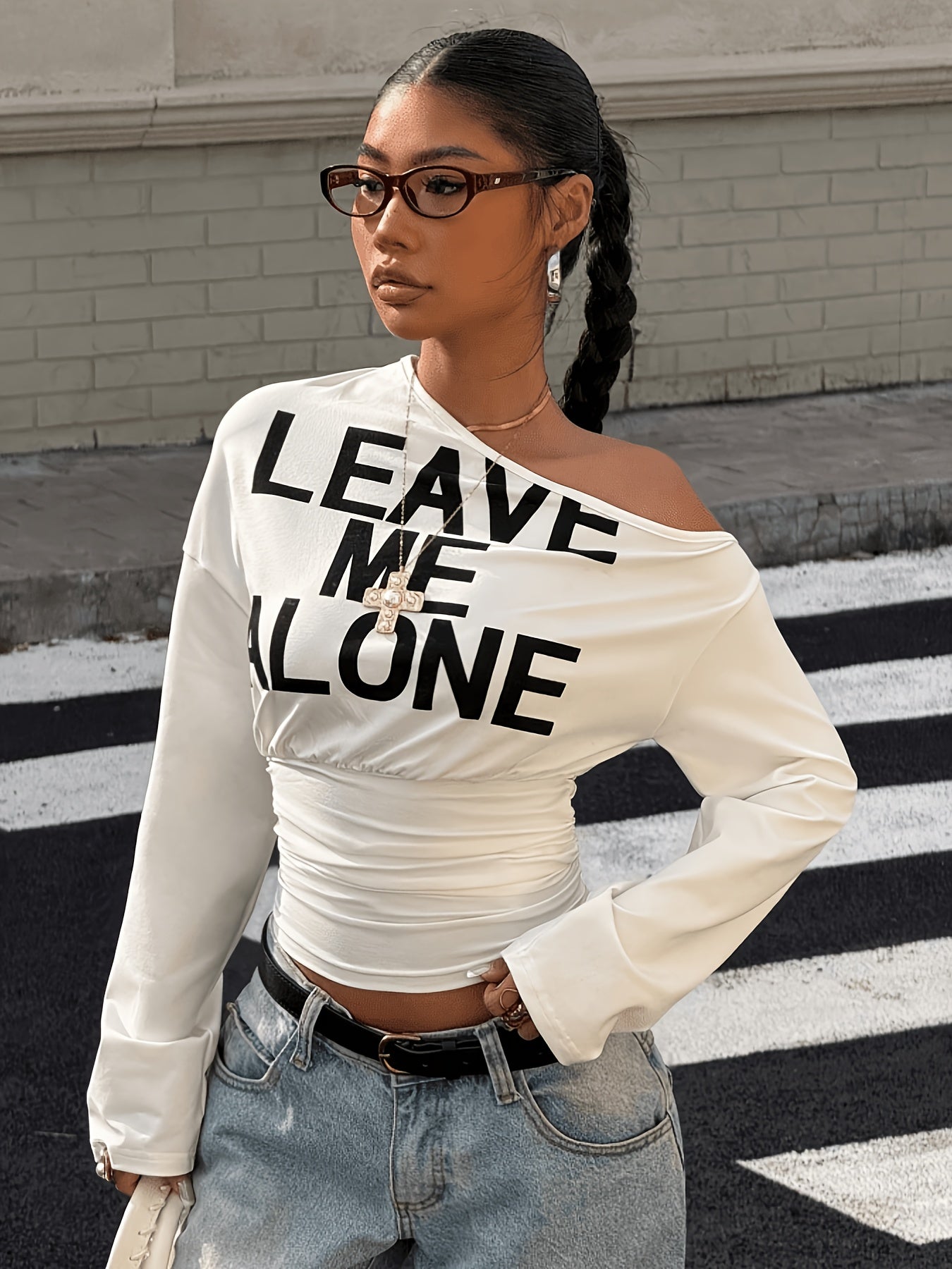 Women's Off-Shoulder Letter Print Simple Casual Top