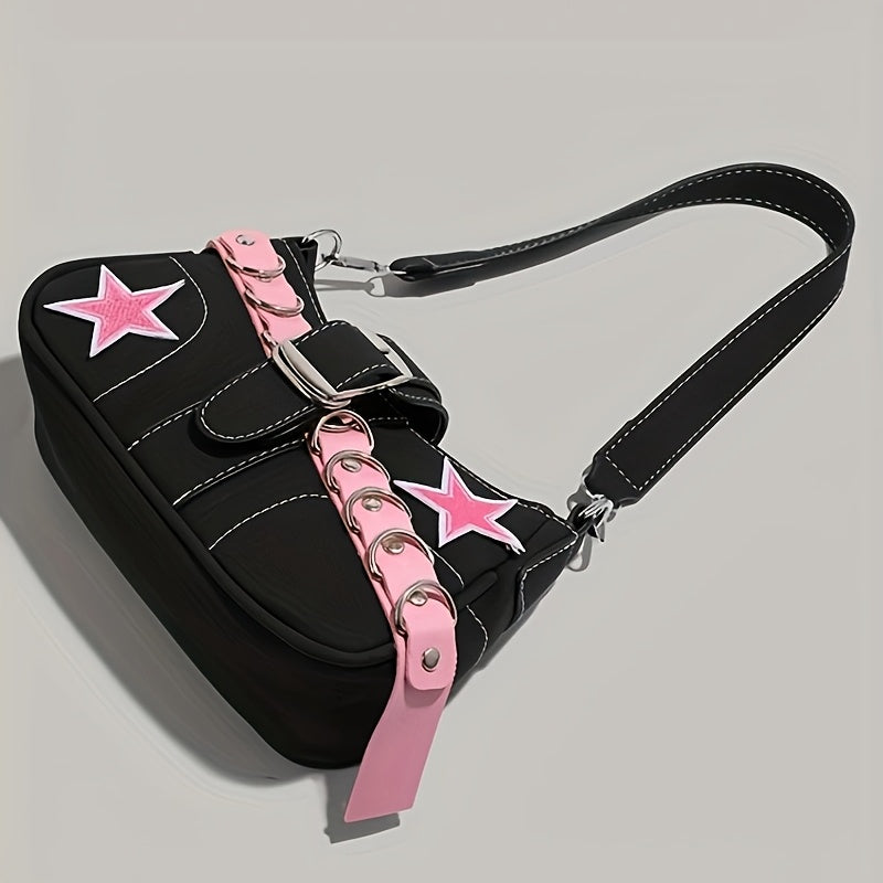 Stylish Black with Pink Star Accents, Zipper Closure & Adjustable Strap - Chic Patchwork Design Handbag for Women