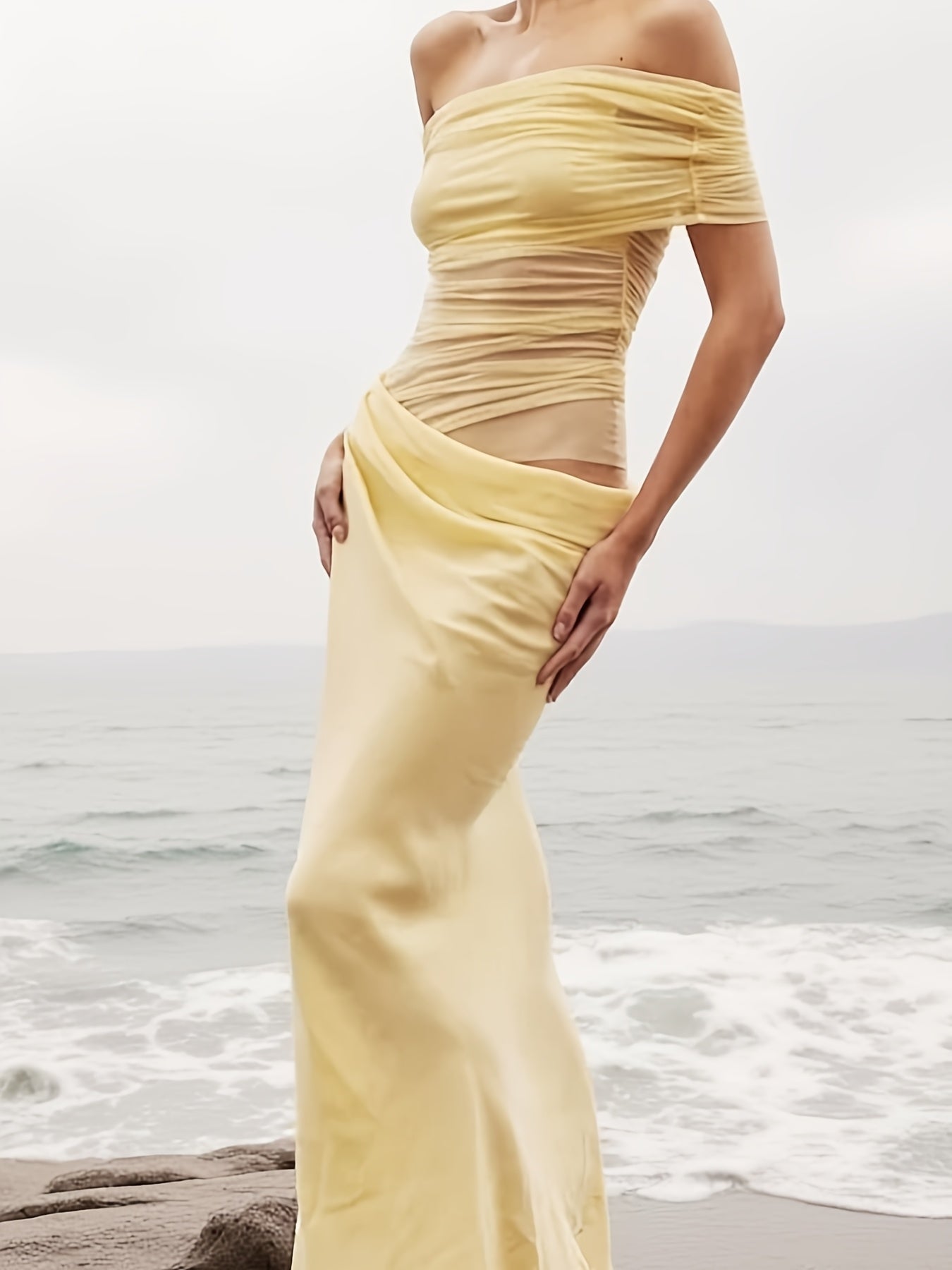 French Vacation Style Yellow Off Shoulder Maxi Dress, Sheer Mesh Ruched Slim Fit Dress
