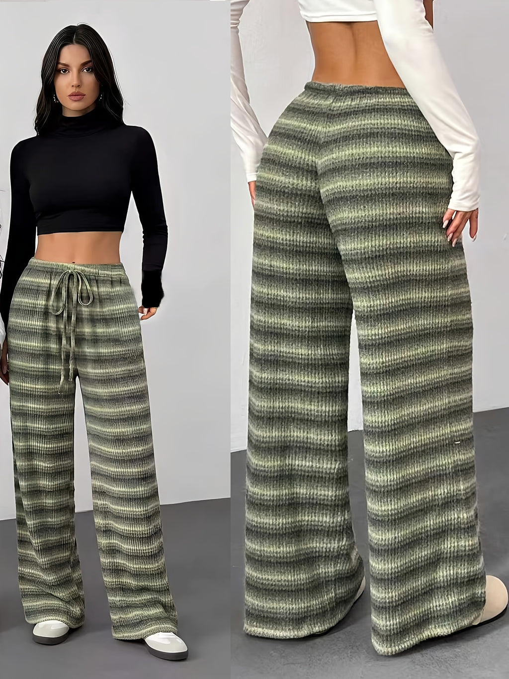 Women’s athletic wide-leg pants, drawstring, high-waist, drapey elastic fabric, lightweight.