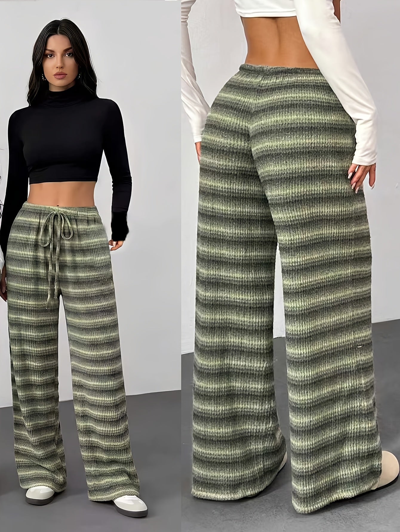 Women’s athletic wide-leg pants, drawstring, high-waist, drapey elastic fabric, lightweight.