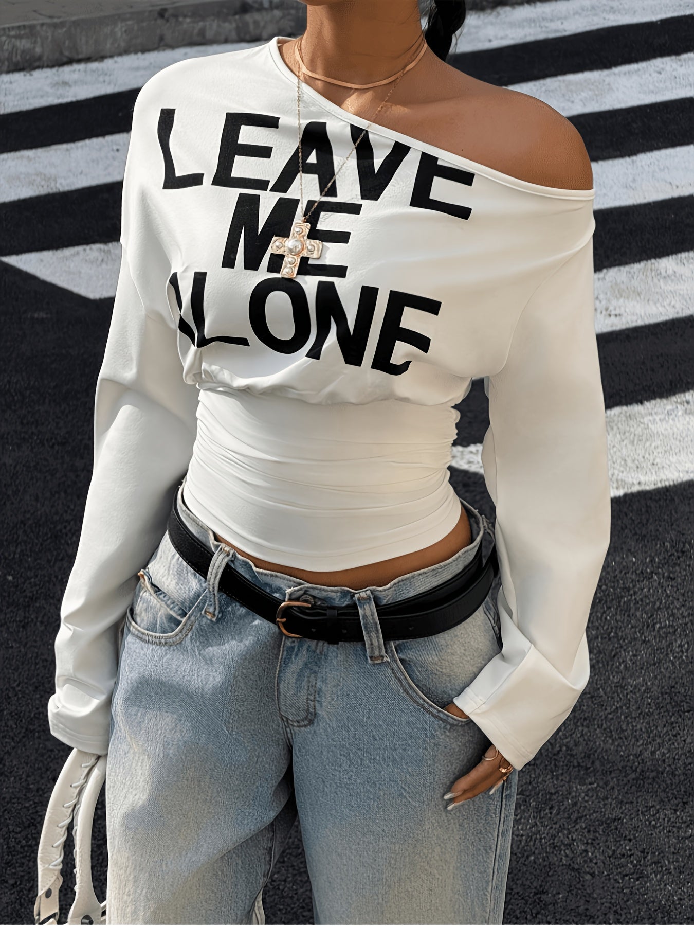 Women's Off-Shoulder Letter Print Simple Casual Top