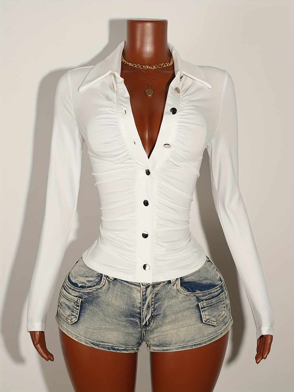 Women's Solid Long Sleeve Button-Up Sexy Top