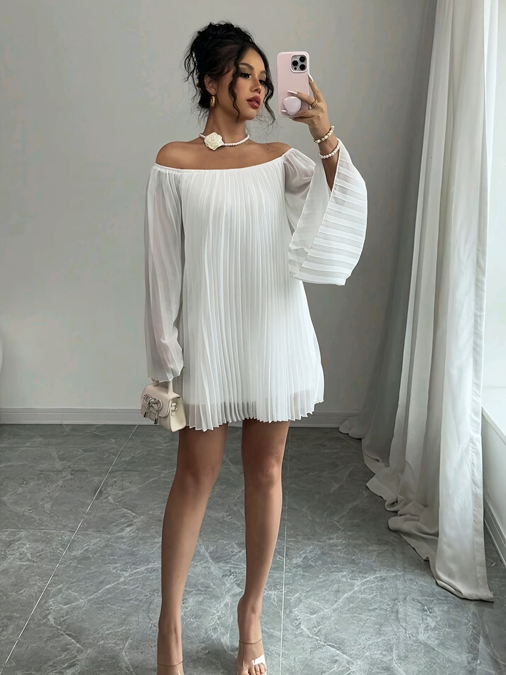 Women's Off-Shoulder Ruched Long Sleeve Chiffon Dress