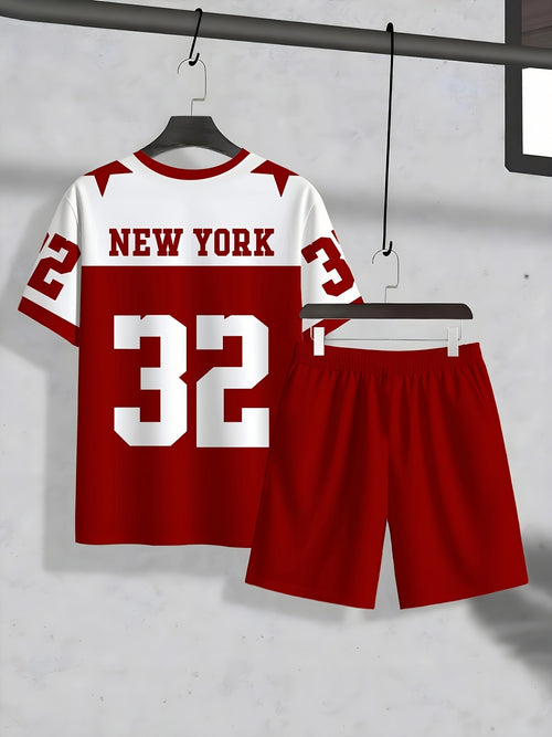 2pcs Men's Casual Short Sleeve Set | Round Neck T-Shirt with "81.28cm and "NEW YORK" Print, Drawstring Shorts, Perfect for Summer Outdoor Activities