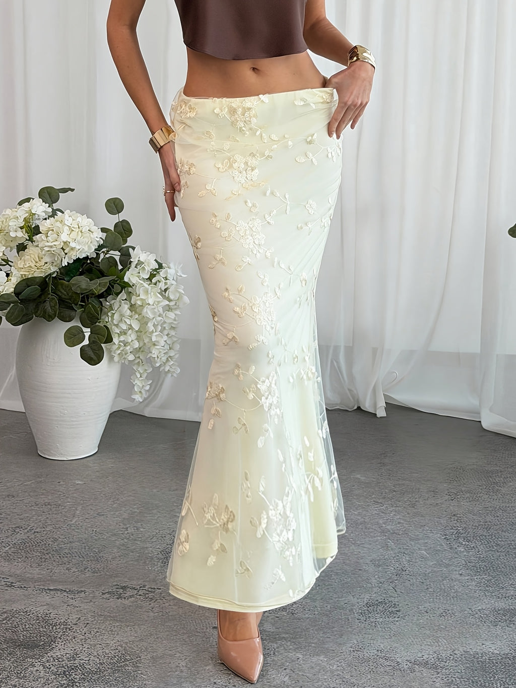 Women's Solid Embroidered Mesh Casual Maxi Dress
