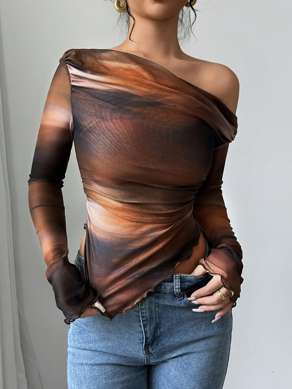 Women's YY1202017 Off-Shoulder Tie-Dye Long Sleeve T-Shirt - Asymmetrical Hem, Semi-Sheer Mesh Fabric, Medium Stretch, All-Season Casual Top, Stylish Blouse, Flowing Sleeves, Soft Texture, Fashion Blouse, Trendy Shoppers