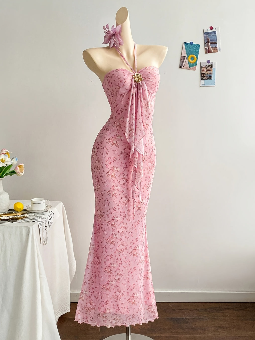 Women's Floral Metal Flower Strappy Bodycon Maxi Dress