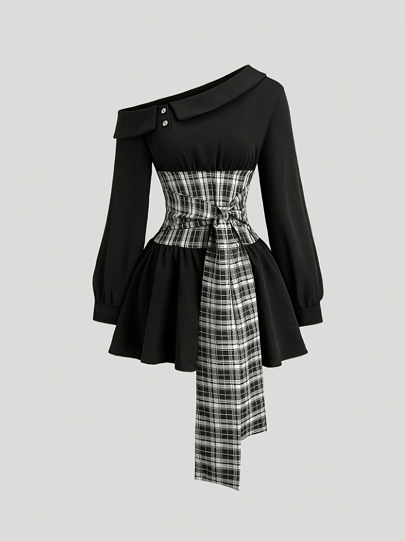2026 Spring/Summer women’s dress: elegant, vintage, off-shoulder, color-blocked, button-decorated, belted, checkered.