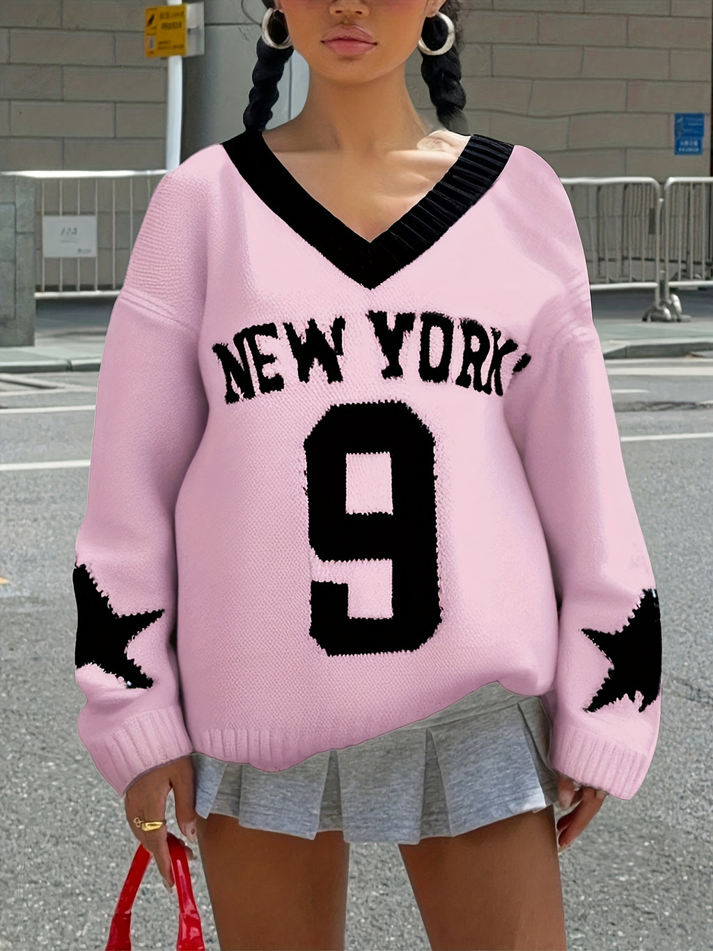 Women's Star Print V-Neck Retro American Loose Pullover