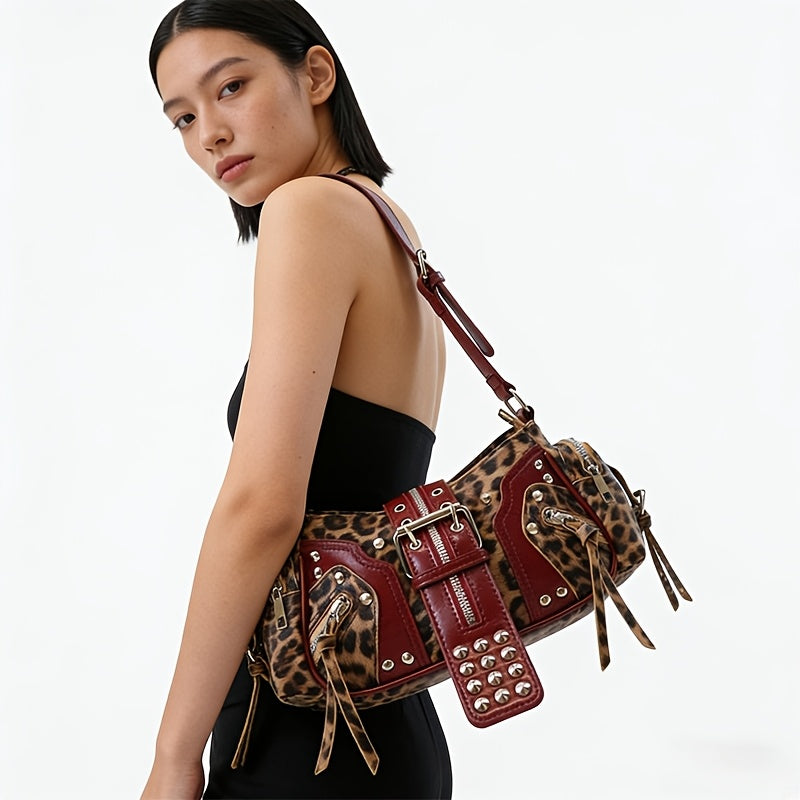 2025 New Retro Sweet Cool Style Hot Underarm Bag Women'S Premium Feel Y2K Punk Heavy Studded Motorcycle Bag Commute Versatile Shoulder Handbag Trendy