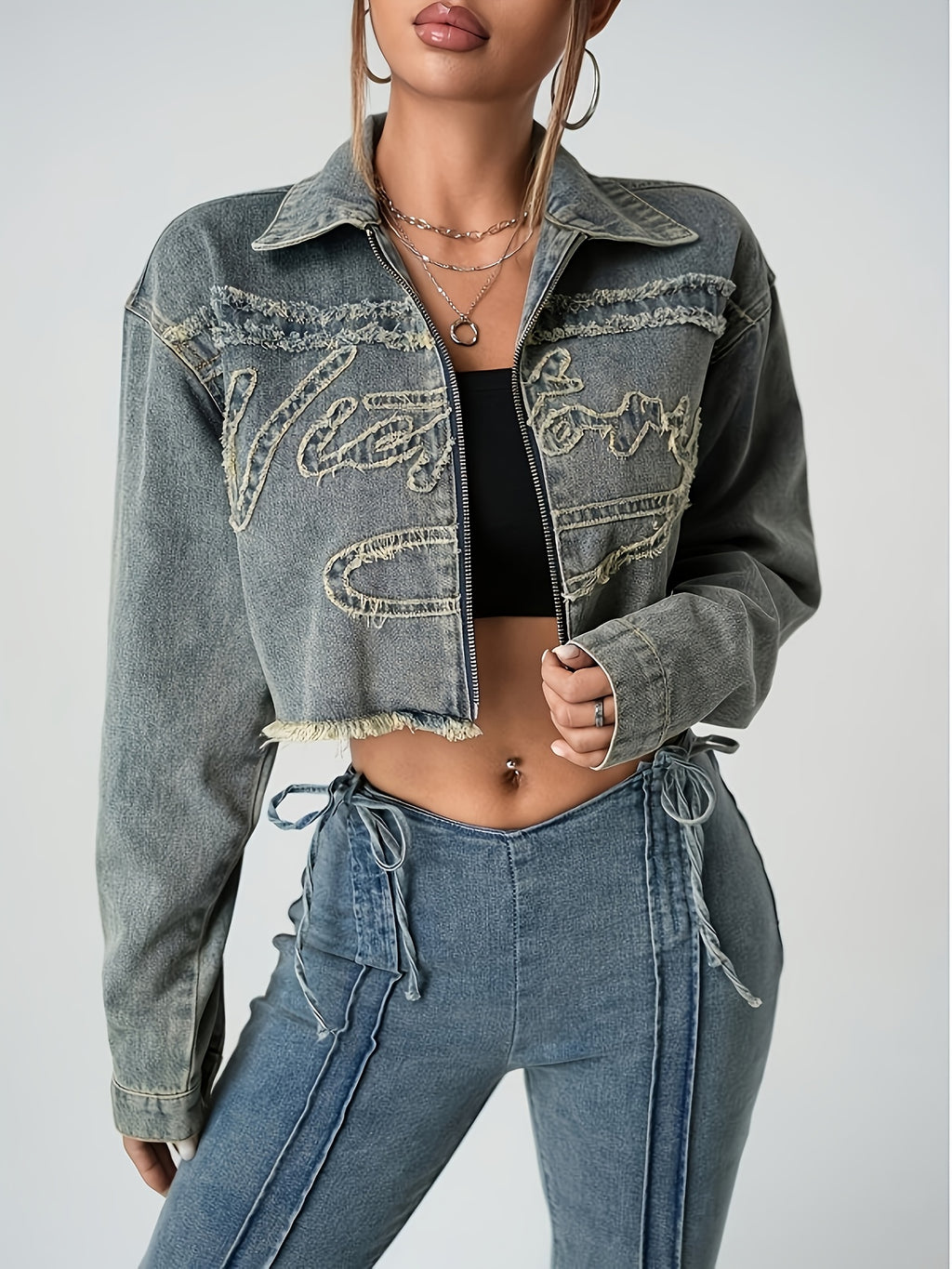 Zippered Denim Jacket Women's Fashion Top