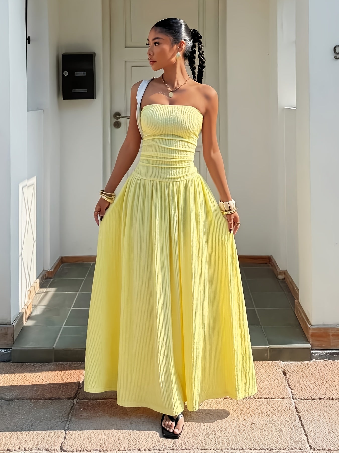 French-style Yellow Tube Top Ribbed Dress for Women, Summer Waist-cinching Vacation Long Dress, Beach Holiday Style