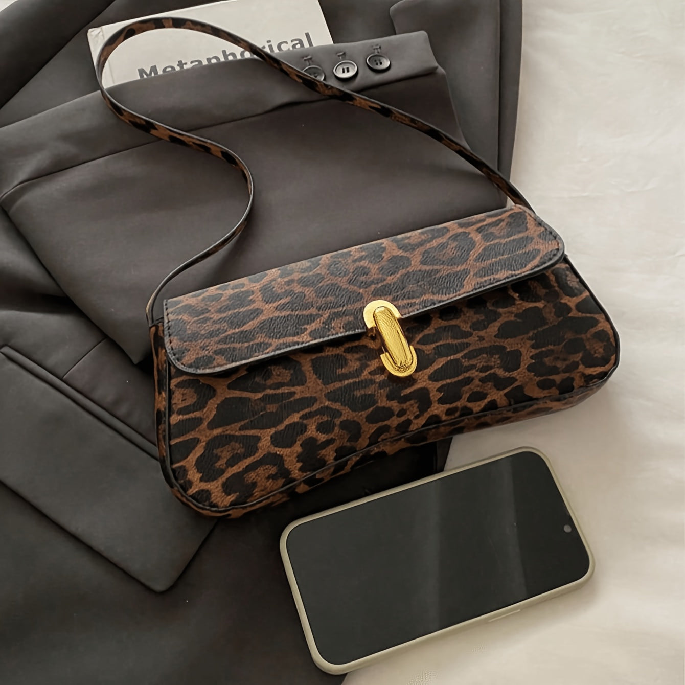 Vintage Leopard Print Women's Shoulder Bag with Premium Metal Lock, Niche Versatile Underarm Bag, Commuting and Dating Crossbody Small Square Bag