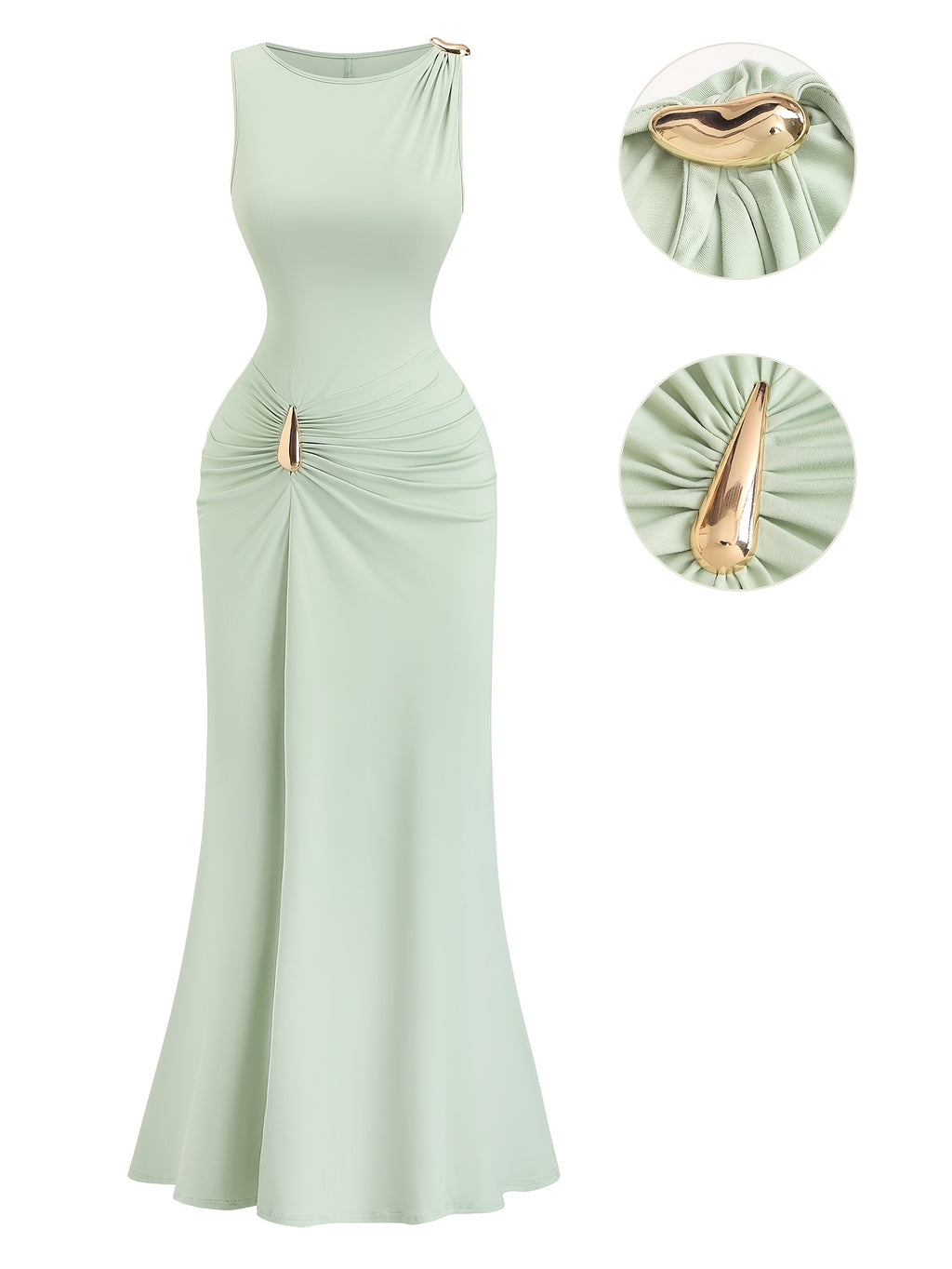 Plus Size Waist-Cinching Metal Buckle Pleated Maxi Dress